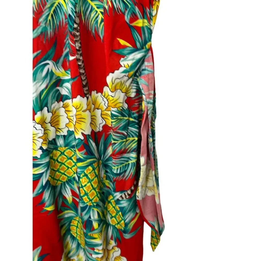 90's Hilo Hattie Auth Hawaiian Faux Wrap Sarong Dress Tropical Pineapple Medium